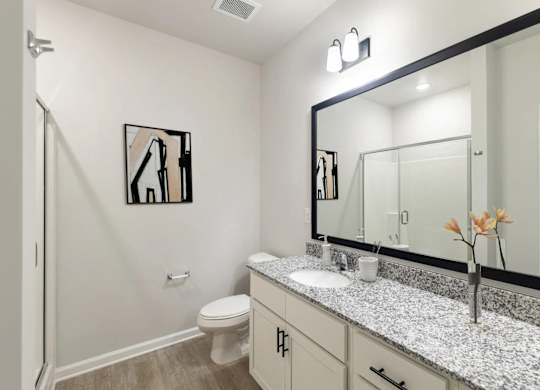A bathroom with a toilet, sink, and mirror.