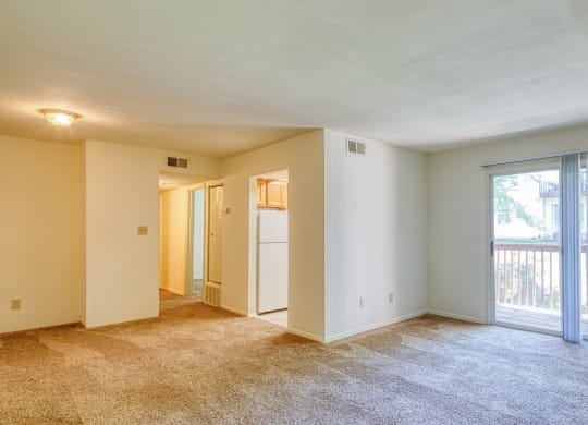 Living Area and Patio at The Everett  Apartments in Roanoke, VA 24018