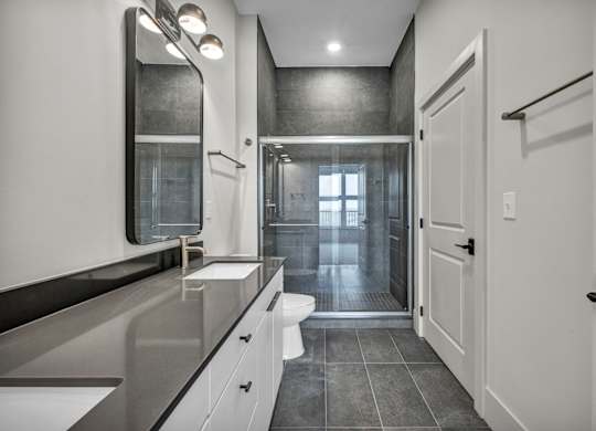 A modern bathroom with a walk-in shower and a toilet.