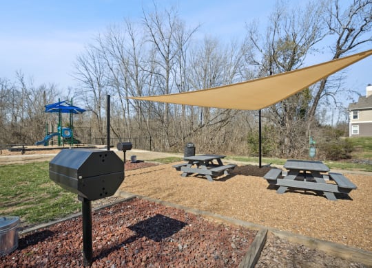 a picnic area with picnic tables and a grill