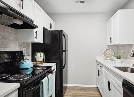a kitchen with white cabinets and black appliances and a black refrigerator