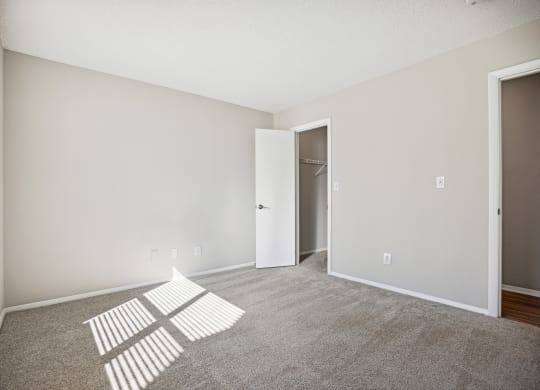 an empty room with carpet and a door to a closet