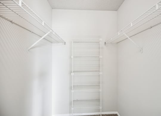 a walk in closet with white walls and white shelves and a ladder on the wall
