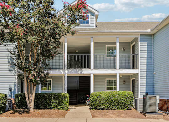 A tree with red flowers is in front of a two-story house.