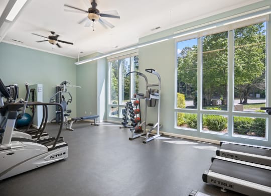 the gym has plenty of exercise equipment and large windows