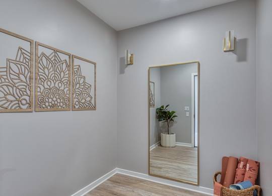 A room with a mirror, a plant, and a wall art.