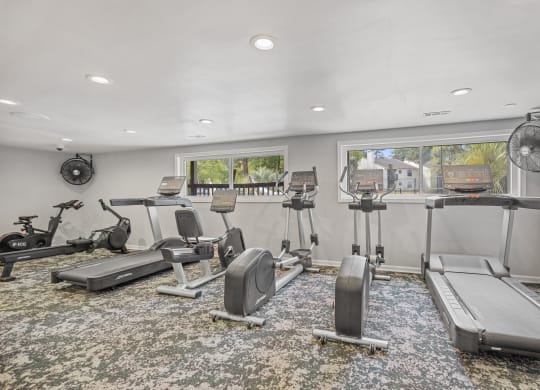 a gym with treadmills and exercise bikes in a room with a window