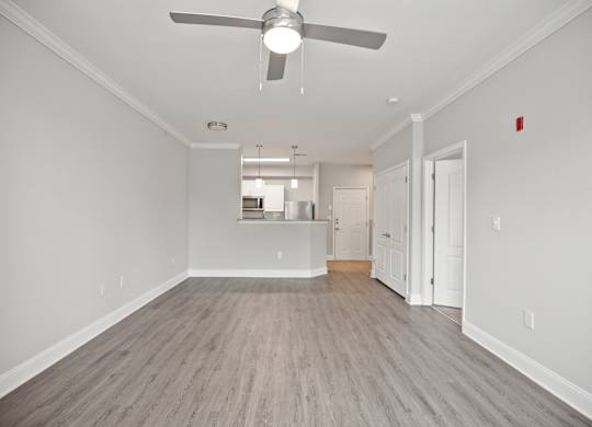 A room with a ceiling fan and light fixture, and a kitchen area in the background.