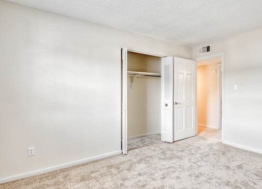 A white bedroom with a closet and carpeted floor.