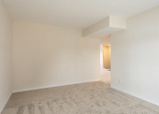 A room with a carpeted floor and a doorway leading to another room.