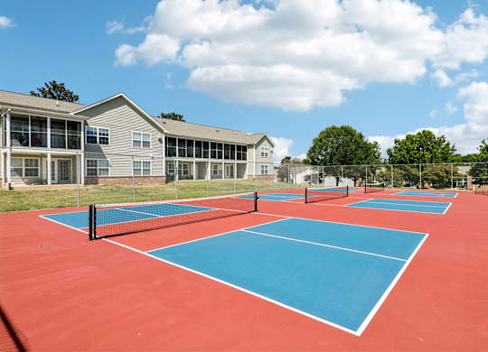 A tennis court with blue and red surface and white lines.