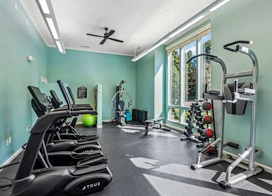 A gym with exercise equipment and a green ball.