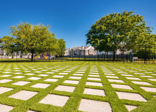 a grassy area with trees in the background and a black fence in the foreground