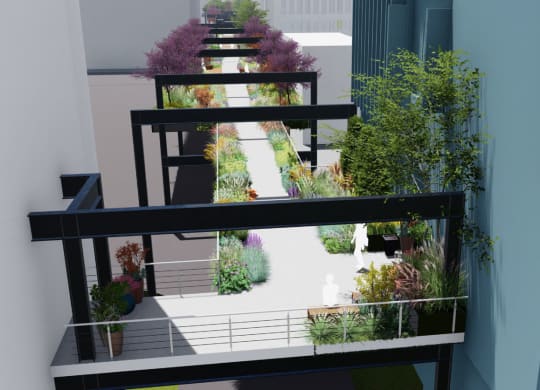 a view of the garden from the top of the stairsat Preston Centre, Columbus
