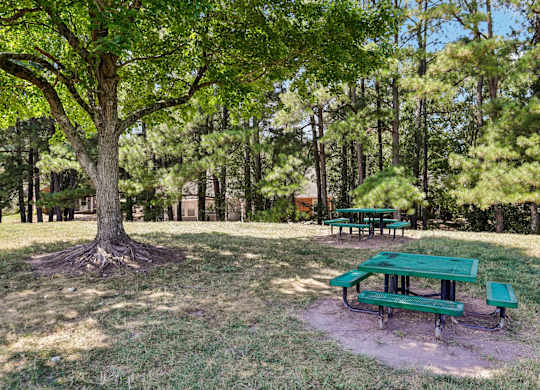 A green picnic table is surrounded by trees in a park.