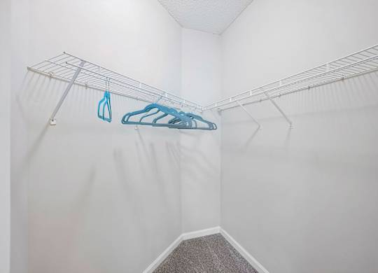 A white closet with a metal rack and a grey carpet.