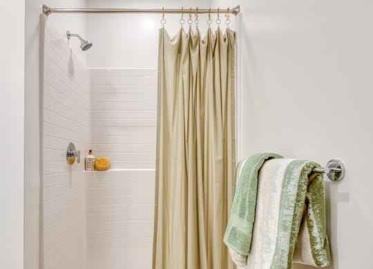 a bathroom with a shower curtain and towels in it at Allure at Edinburgh, Virginia, 23322