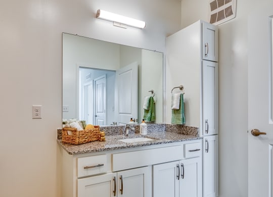 a bathroom with white cabinets and a sink and a mirror at Allure at Edinburgh, Chesapeake, VA, 23322