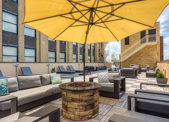 Shaded seating on the Rooftop Patio