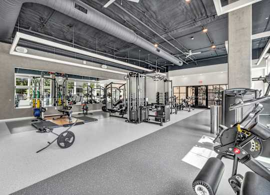 A gym with a variety of equipment including a rowing machine.