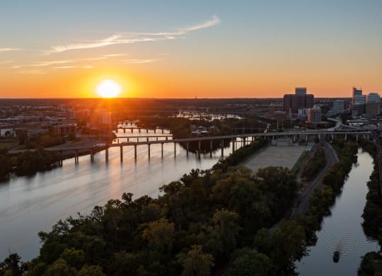 Sunset aerial of Shiplock Views Apartments in Richmond VA