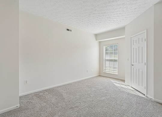 A room with a carpeted floor and a white door.