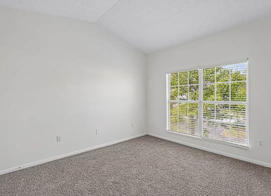 A room with a window and carpeted floor.