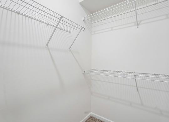 Empty white shelves in a room.