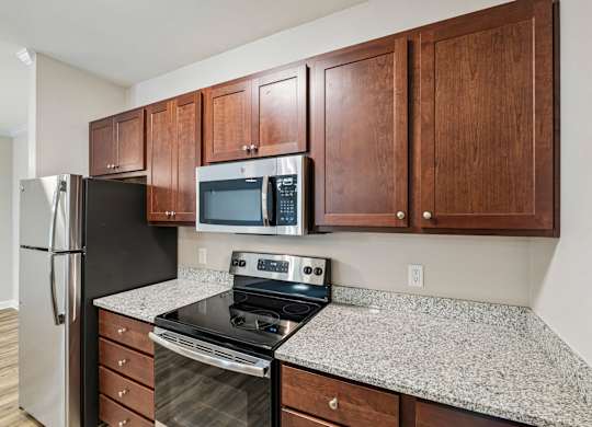 A kitchen with a black refrigerator, stove, and microwave.