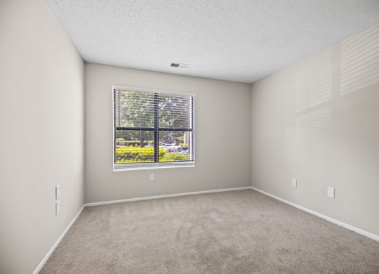 an empty bedroom with a large window and carpeting