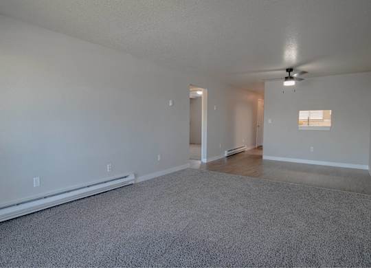 A spacious room with a ceiling fan and carpeted floor.