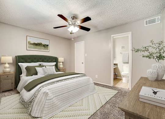 Bedroom with ensuite bathroom at Peaks at Universal City Apartments, Universal City, TX
