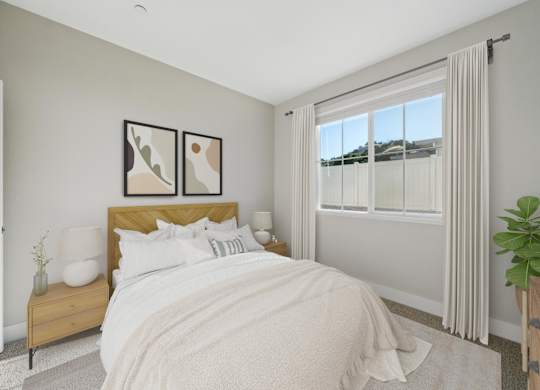 A Bedroom with a Nightstand at Montessa Apartments, Vacaville, 95687