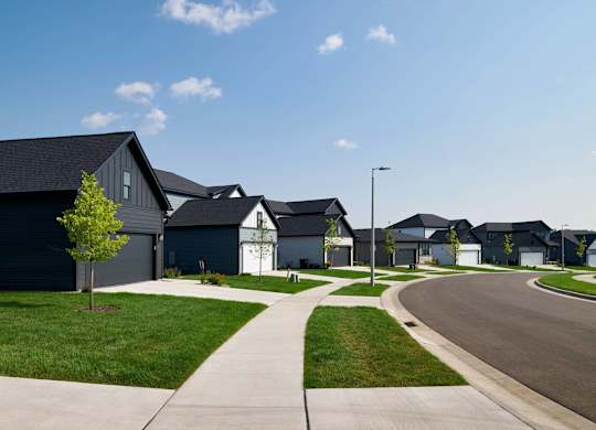 A row of houses with a tree in the foreground.