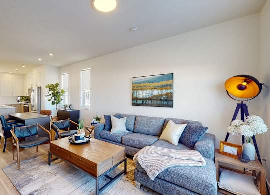 A living room with a grey couch and a wooden coffee table.