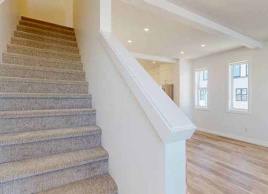 A staircase with a carpeted runner and wooden steps leads up to a bright room with white walls and a window.