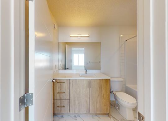 A bathroom with a toilet, sink, and mirror.