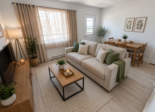 A living room with a white couch, a coffee table, and a television.