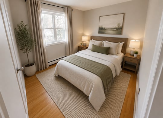 A bedroom with a large bed and a painting on the wall.