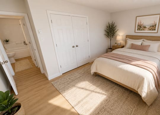 A bedroom with a large bed and a painting on the wall.