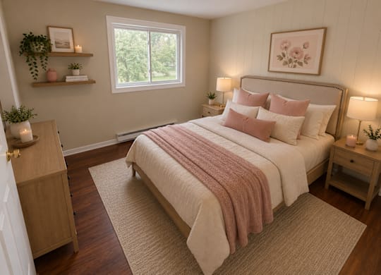 A bedroom with a large bed and a window.