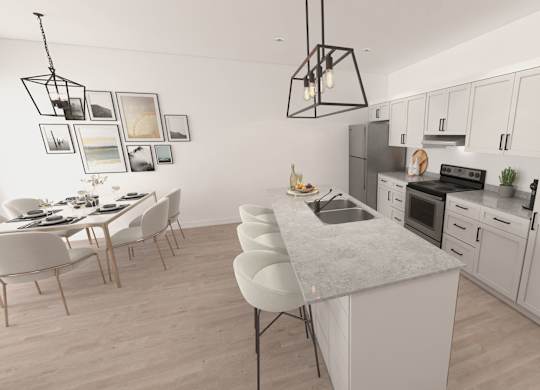 A modern kitchen with white cabinets and a central island.
