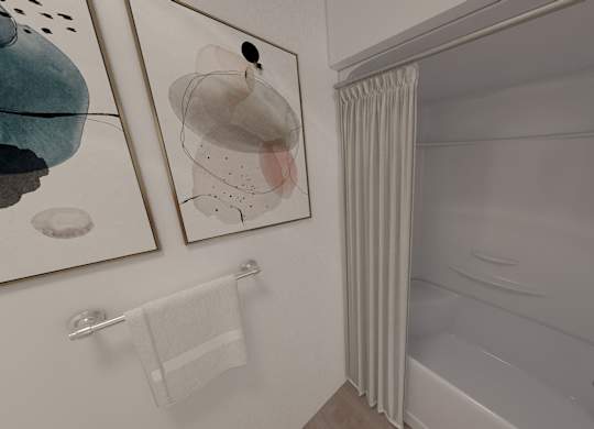 A bathroom with a towel rack and two pictures on the wall.