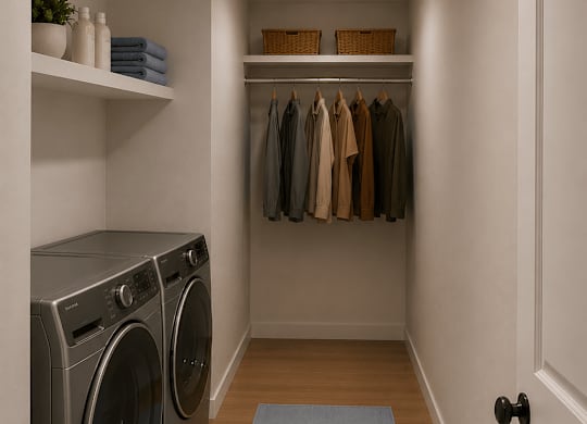 A laundry room with a washer and dryer and a blue rug on the floor.