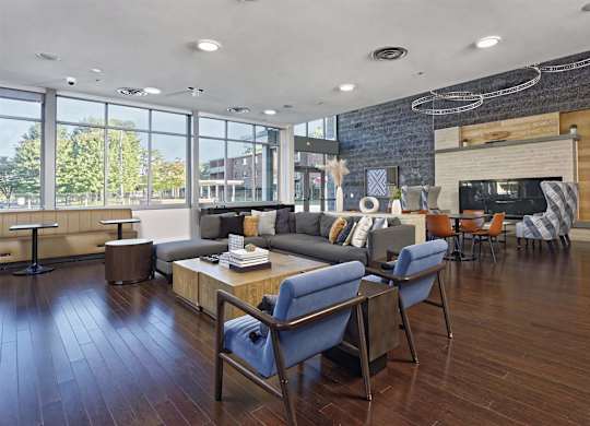 A modern living room with a grey couch and blue chairs.