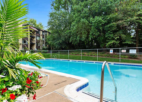 A pool surrounded by a fence and trees.