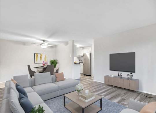 A living room with a grey couch, a coffee table, and a flat screen TV.