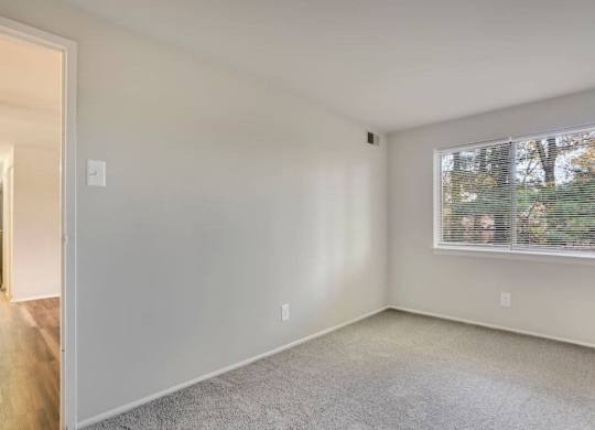 A room with white walls and a window with a view of trees.
