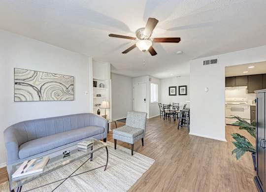 A living room with a grey couch and a glass coffee table.