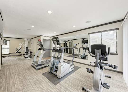 A spacious home gym with a variety of exercise equipment.